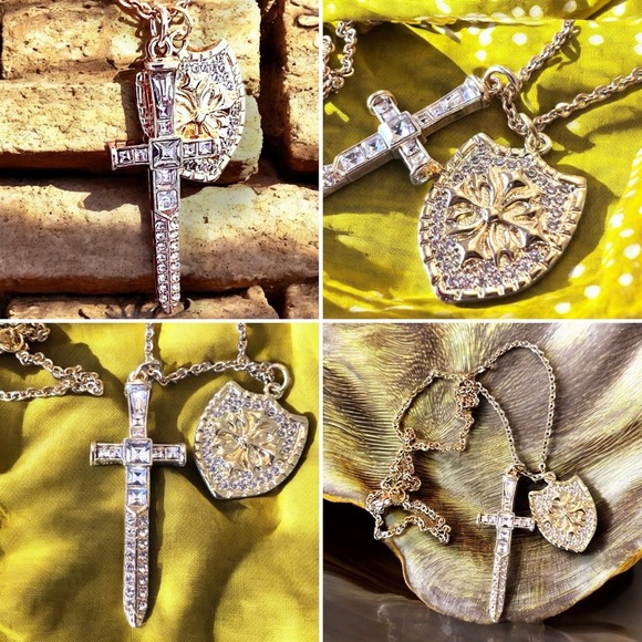 Sparkling Gold Toned Cross Sword Necklace with Shield DND Paladin - Picture 16 of 17